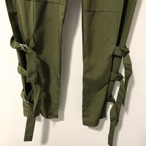Army Green Buckle Elastic High Waist Trousers - Picture 3 of 5